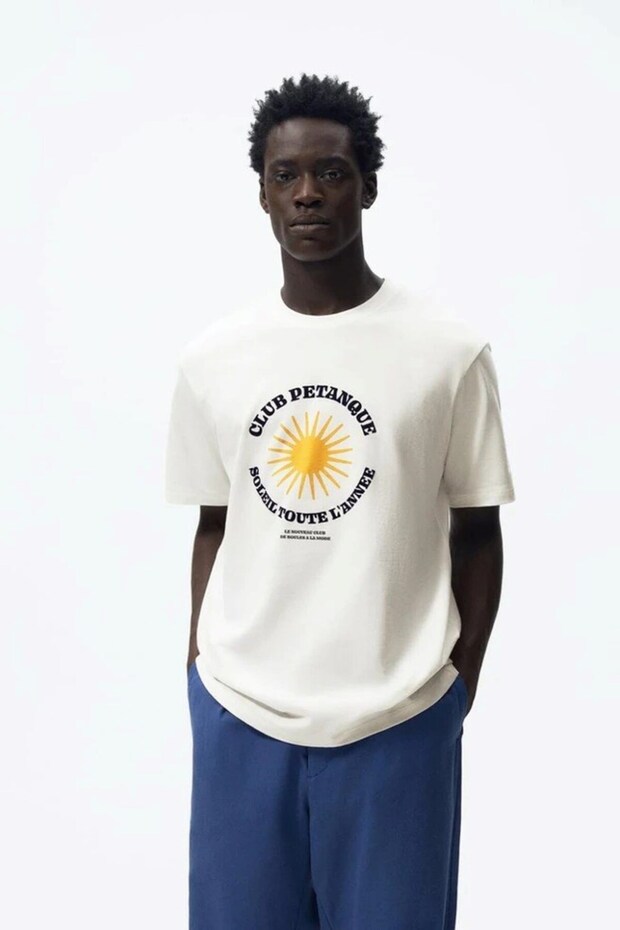 Crew Neck Club Petanque Sun Printed White Oversize Men's T-Shirt