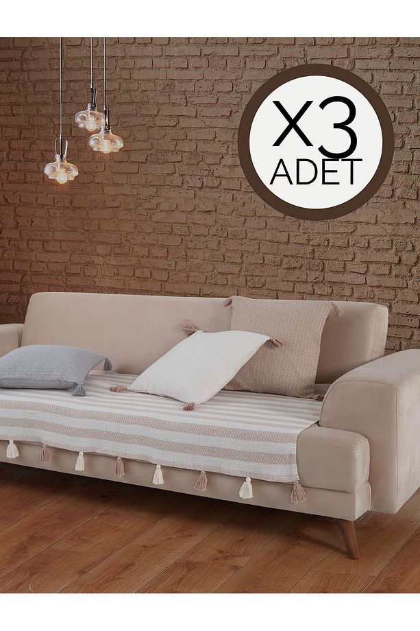 Liva Ponponlu Bej 3 Adet Koltuk Örtüsü 115x200 Cm Kanepe Divan Çekyat Berjer Örtüsü Püsküllü - 1
