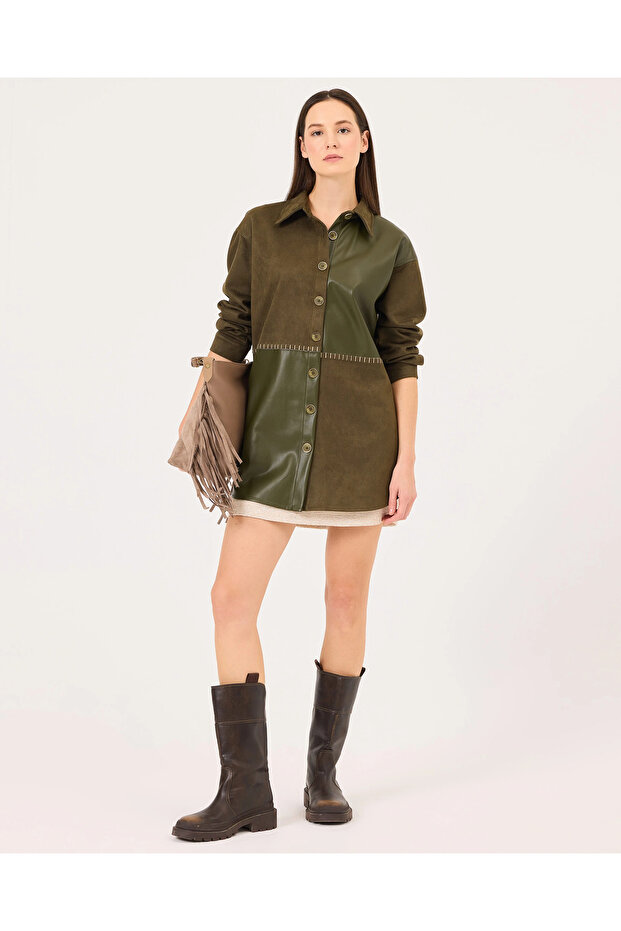 Çift Kumaşlı Düğmeli Gömlek - 1