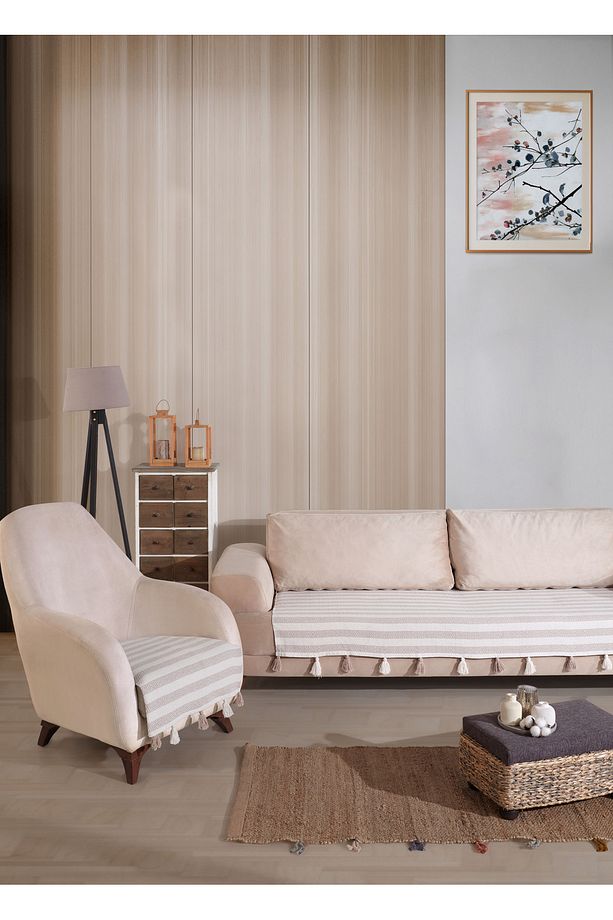 Liva Ponponlu Bej 3 Adet Koltuk Örtüsü 115x200 Cm Kanepe Divan Çekyat Berjer Örtüsü Püsküllü - 5