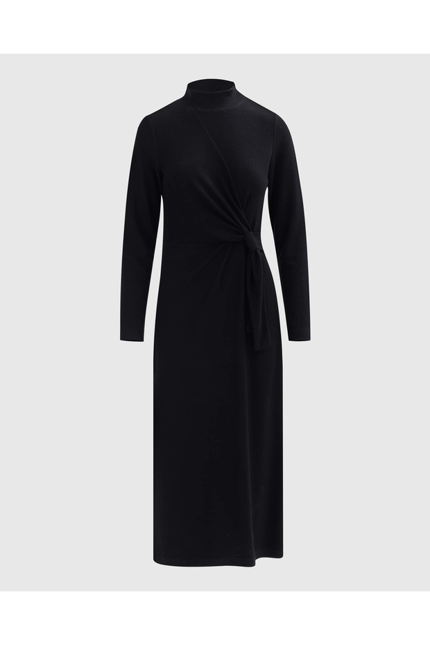 Dik Yaka Belden Bağlamalı Elbise - 8