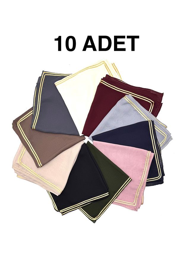 10'lu Set Altın Biyeli Krep Şifon Eşarp 100x100cm Yazma Toptan Hediyelik - 1