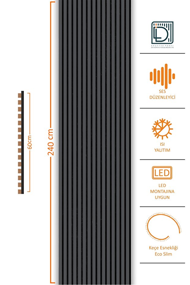 Ahşap Akustik Duvar Paneli Antrasit 60x240cm - 1