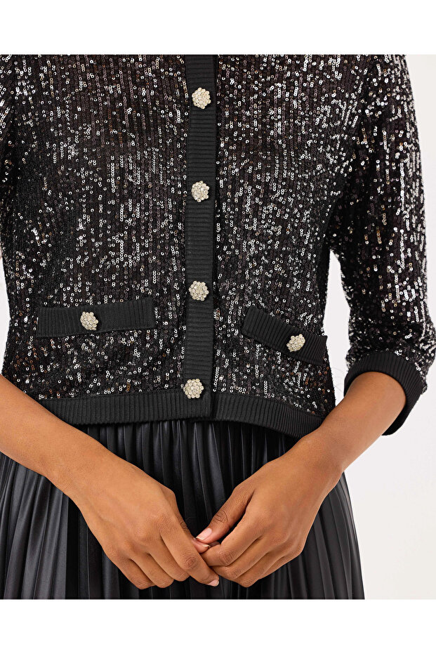 Düğmeli Bel Boy Payetli Hırka - 5