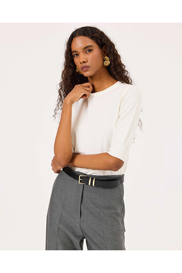 Sıfır Yaka Bel Boy Triko Bluz - 1