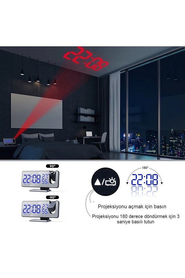 Çok Fonksiyonlu Masaüstü Ayna Saat Fm Radyo Alarm Projeksiyon Sıcaklık Nem Ölçer Usb Özellik - 7