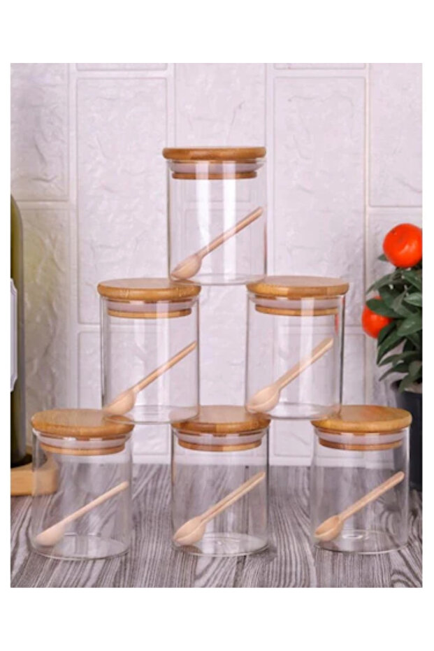 Set of 6 Spice Jars with Spoon and Bamboo Lid Borosilicate Glass 250ml