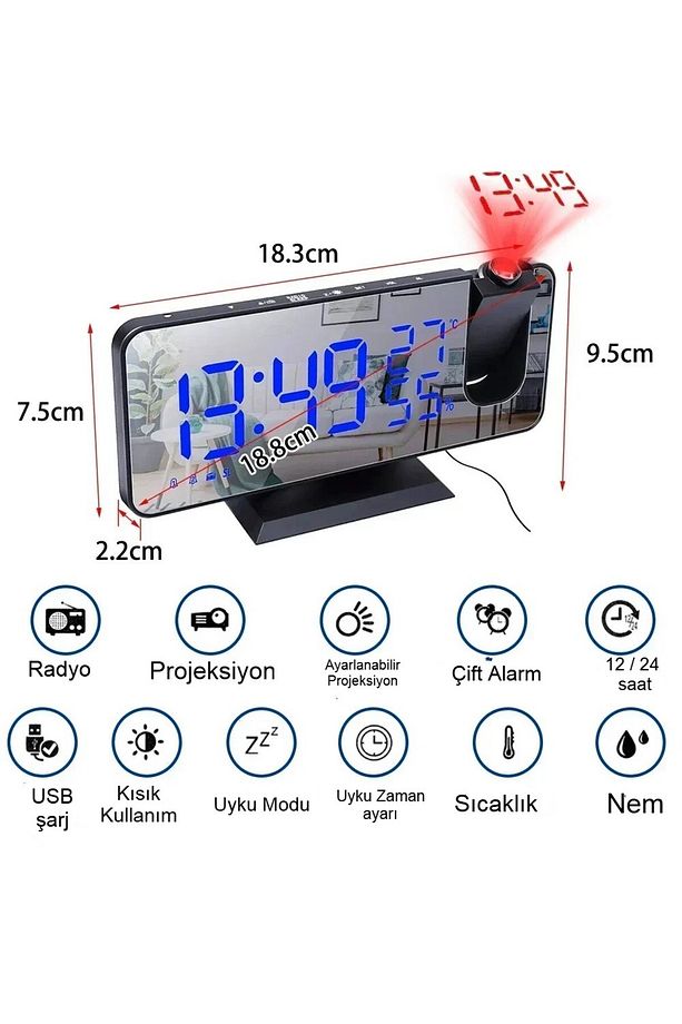 Çok Fonksiyonlu Masaüstü Ayna Saat Fm Radyo Alarm Projeksiyon Sıcaklık Nem Ölçer Usb Özellik - 4