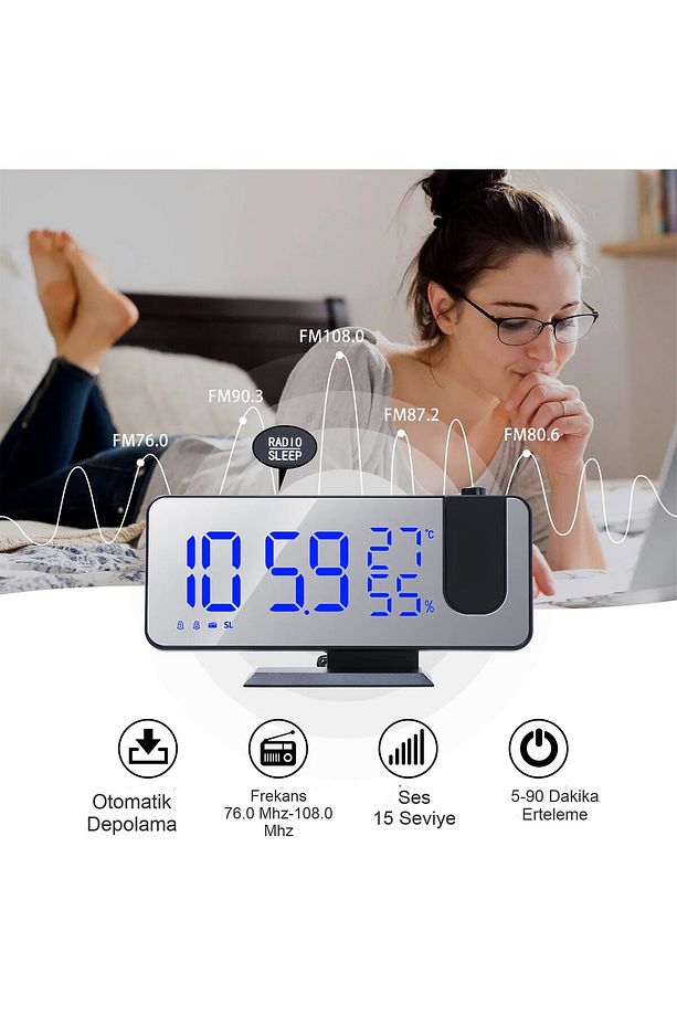 Çok Fonksiyonlu Masaüstü Ayna Saat Fm Radyo Alarm Projeksiyon Sıcaklık Nem Ölçer Usb Özellik - 9