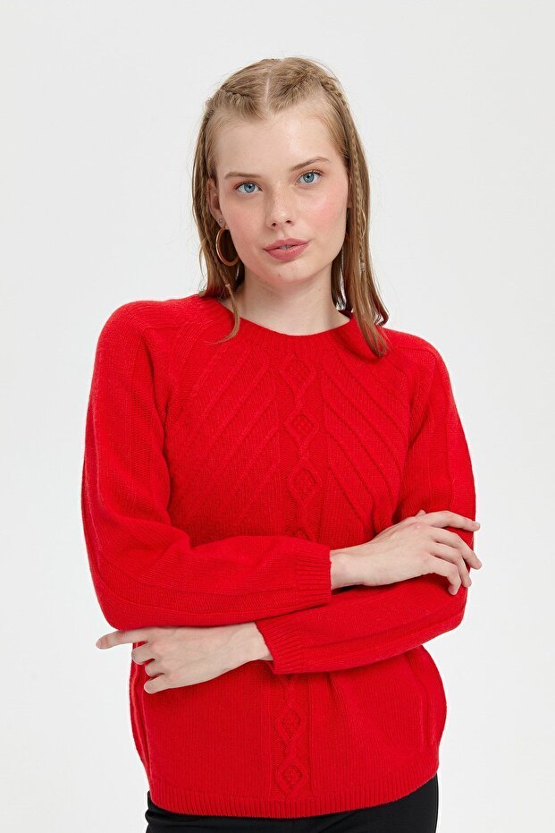 Kadın Sıfır Yaka Dikişsiz Önü Yürütmeli Yün Kazak Mercan - 3