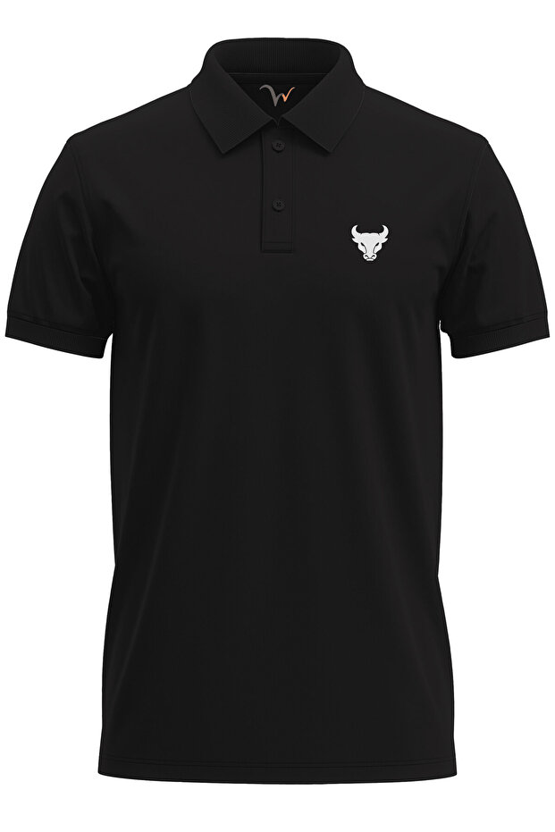 Bull Printed Minimal Stylish Design 100% Cotton Regular Fit Polo Neck Black T-Shirt