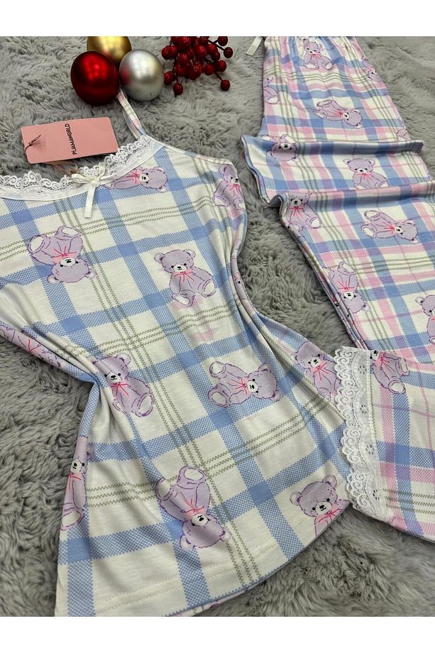 İP ASKILI ALTI UZUN VİSKON YUMUŞAK KUMAŞLI PİJAMA TAKIMI - 8