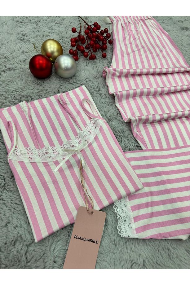 İP ASKILI ALTI UZUN VİSKON YUMUŞAK KUMAŞLI PİJAMA TAKIMI - 3