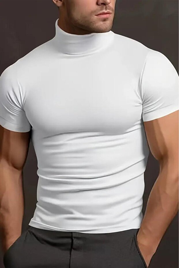 Deux Slim Fit Stretchy Turtleneck Short Sleeve Sports Men's T-Shirt