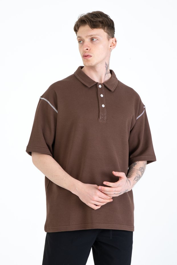 Kayruka Double Pike Fabric Men's Polo Neck T-Shirt with Stitching Detail, T-Shirt