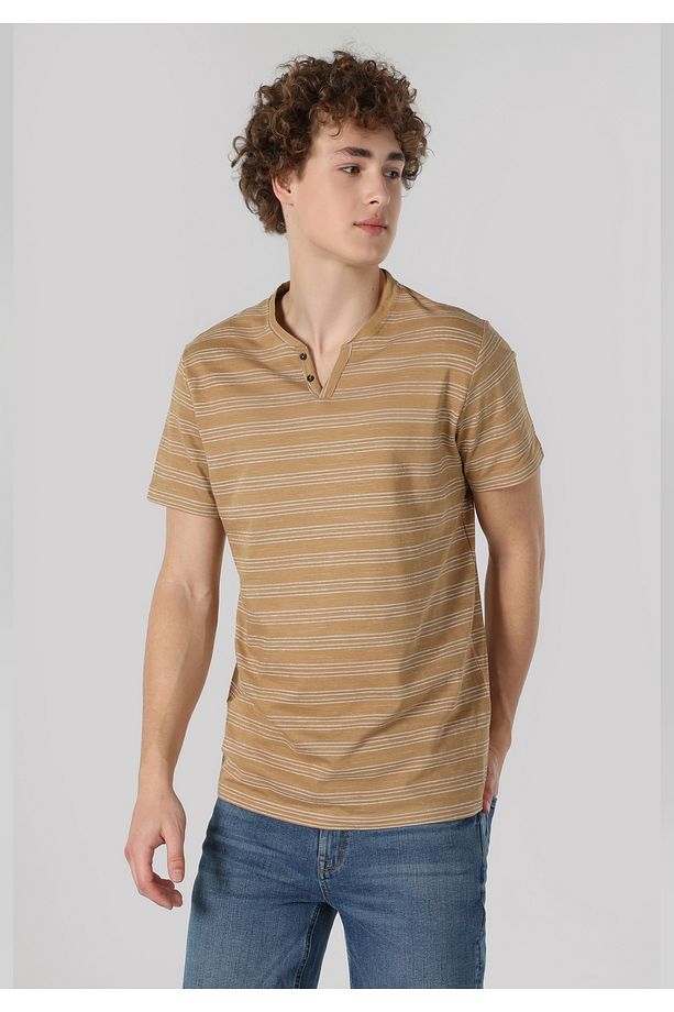 Regular Fit Yuvarlak Yaka Çizgili Erkek Bej Kısa Kol Tişört Cl1062865 - 4