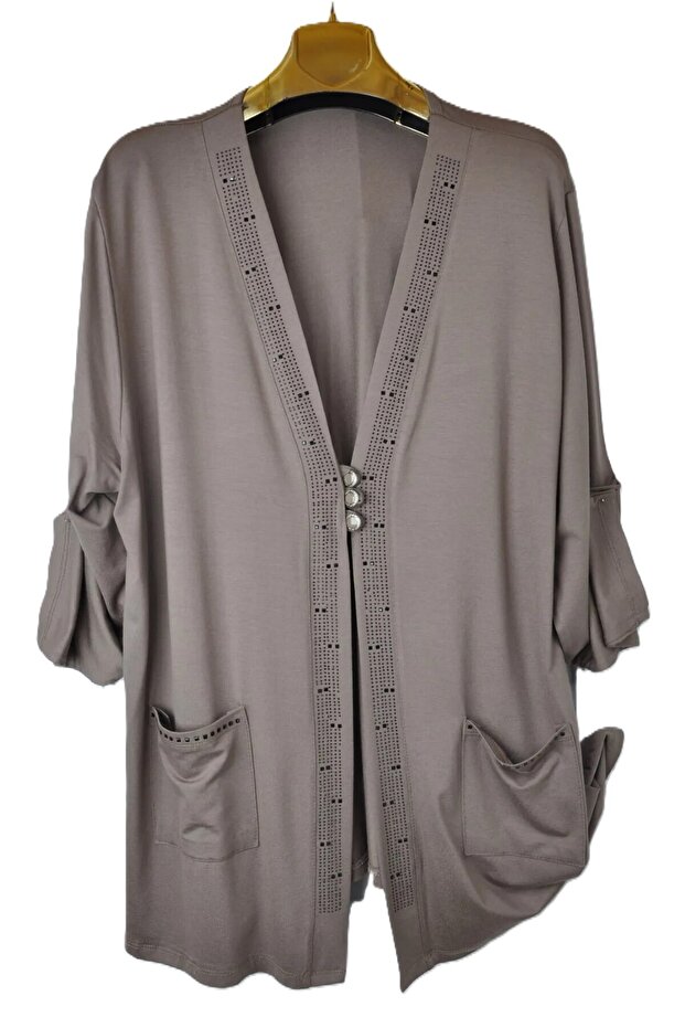 Plus Size Combed Cotton Stone-Embellished Short Cardigan