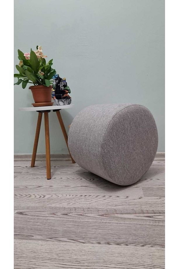 Ahşap Ayaklı 40×35 Keten Kumaş Yuvarlak Puf&bench Koltuk/tabure - 4