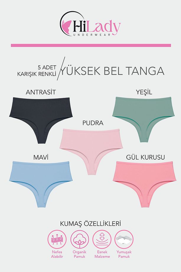 Kadın Yüksek Bel String Tanga Koyu Soft Pamuklu Esnek - 2