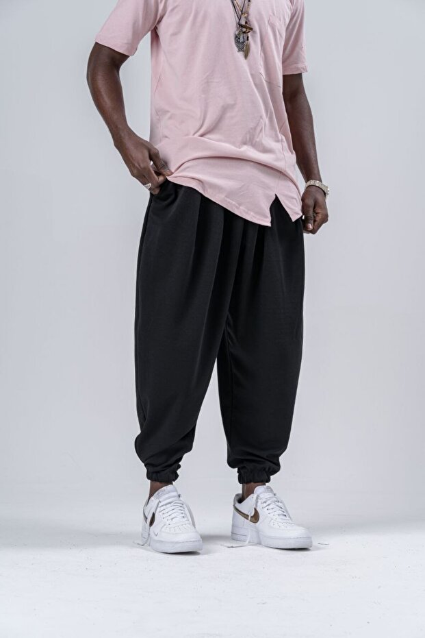 Unisex Elastic Leg Pleated Carrot Baggy Trousers