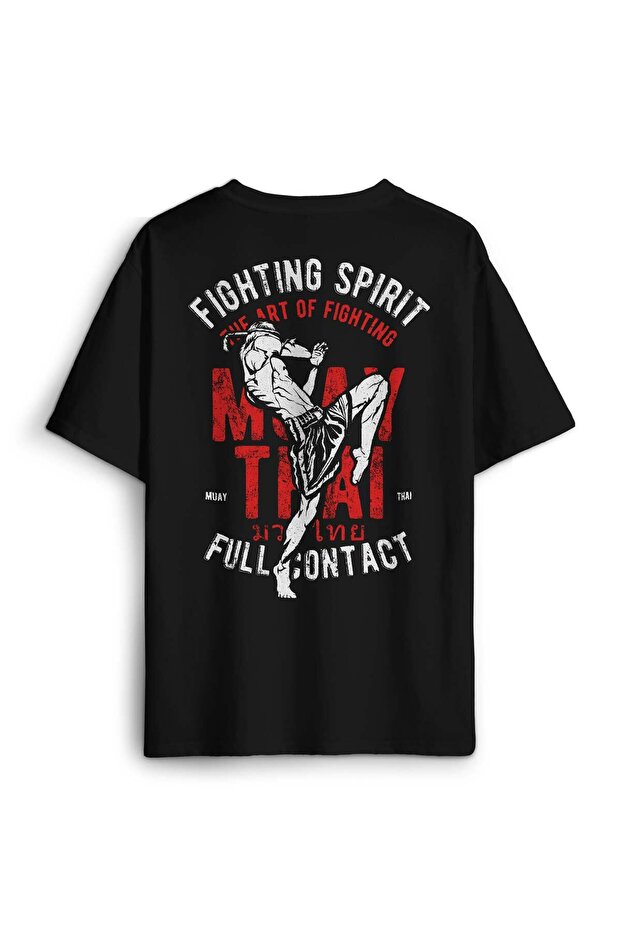 تي شيرت أسود كبير الحجم - تي شيرت للجنسين مطبوع من الأمام من Muay Thai