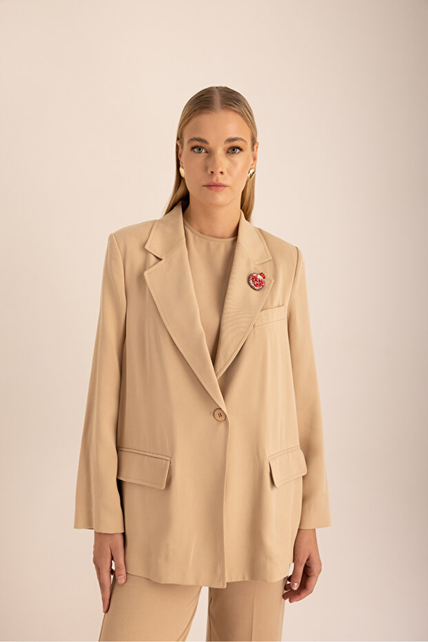 Bej Kontrast İç Biyeli Oversize Ceket - 4