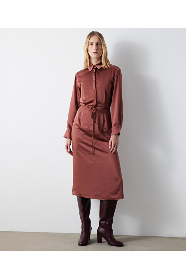 Gömlek yaka midi elbise - 1