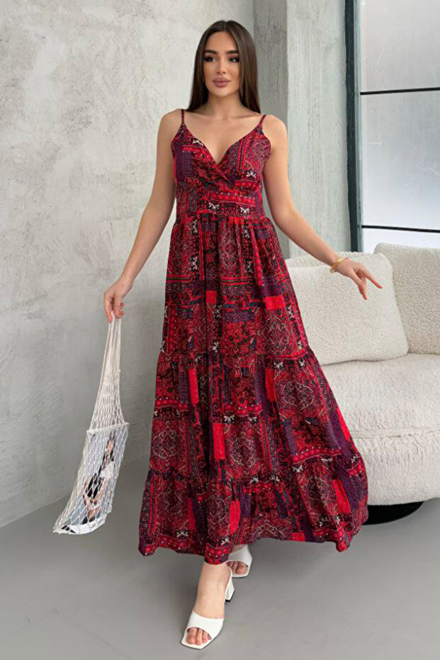 Women's Burgundy Ethnic Patterned Long Dress with Straps