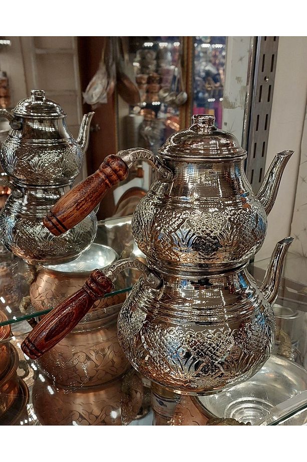 Bakır Çaydanlık Bakır Demlik Lale Çiçek Desenli Nikelli El Yapımı Kalaylı 2.70 Litrelik Aile Boy - 6