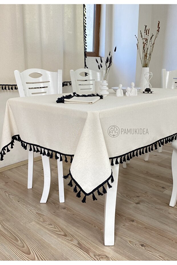 Black Tasseled 100% Cotton Buldan Organic Beige Linen Bohemian Table Cloth