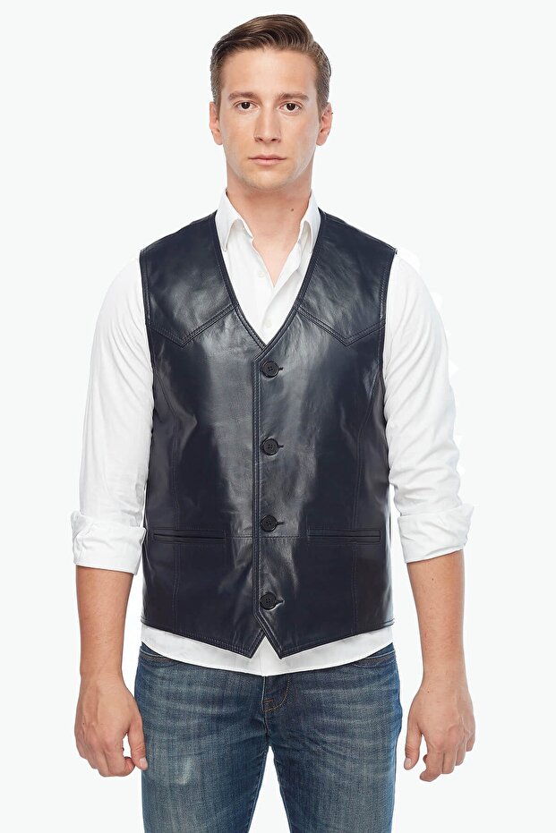 Genuine Lambskin Classic Men's Vest Navy Blue