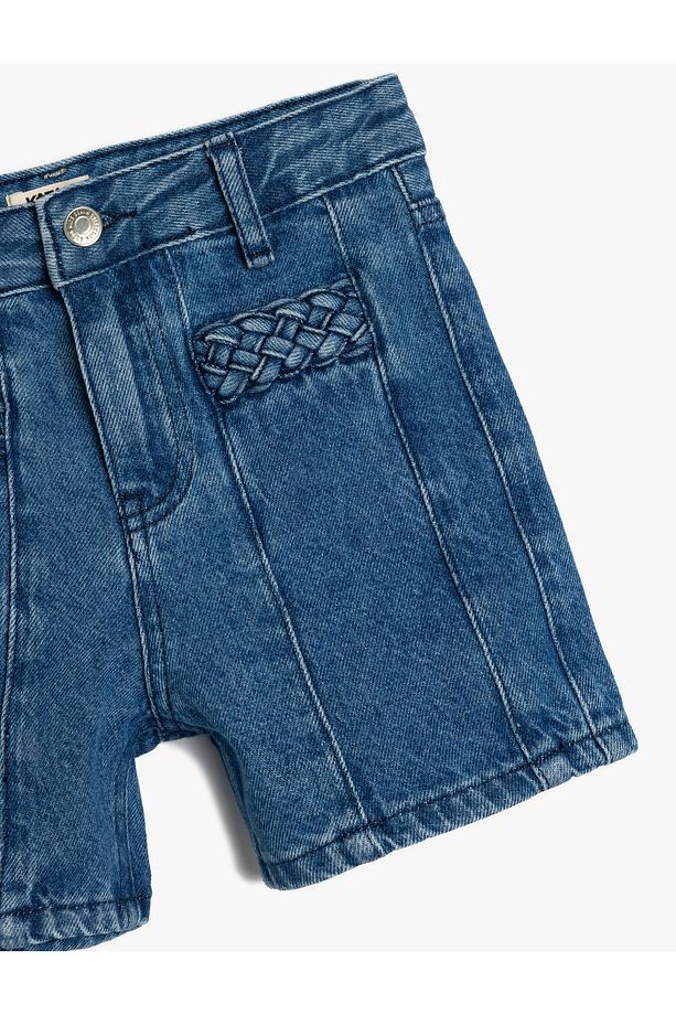 Pamuklu Yüksek Belli Örgü Detaylı Denim Şort - 3