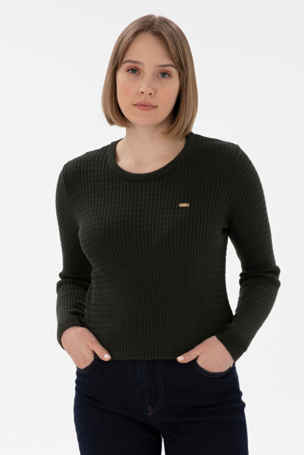 Women's Green Crew Neck Basic Sweater 50312922-Vr054