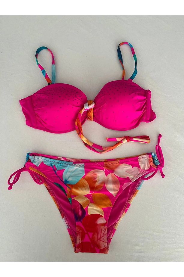 Kadın Fuşya Taş İşlemeli Astarlı Bikini Takım HZL25S-LC207 - 2