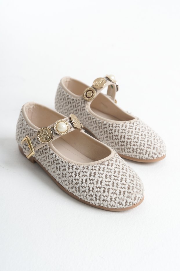 Daily Women's Ecru Brown Knitwear Ballerina Strap Adjustable Buckle Lightweight Comfortable Shoes