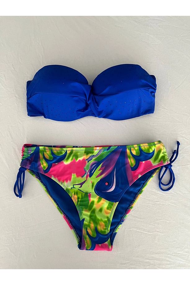 Kadın Saks Mavi Taş İşlemeli Astarlı Bikini Takım HZL25S-LC3334 - 3