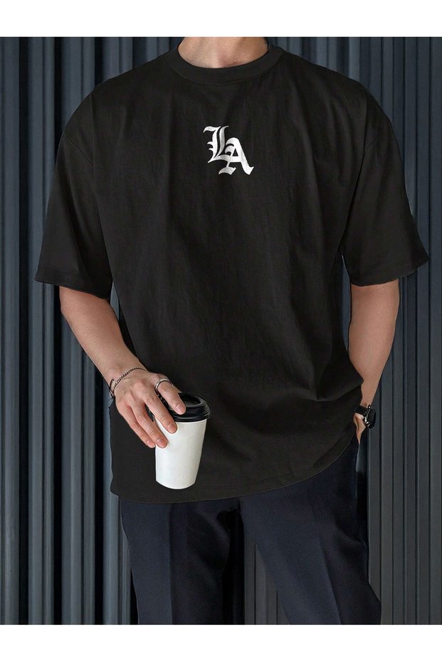 Los Angeles La Logo Printed Men's Oversize Crew Neck Seasonal T-Shirt