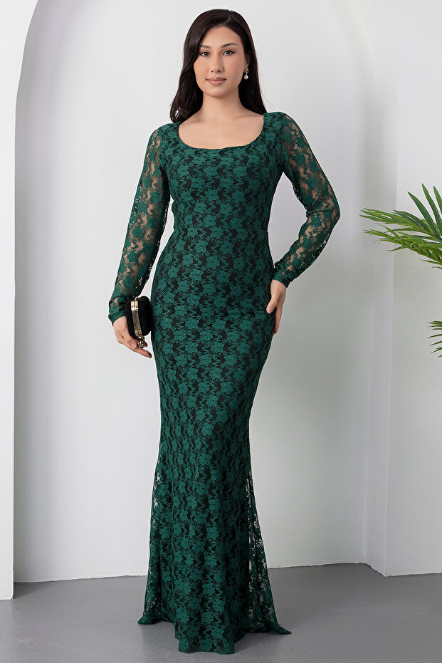 Kare Yaka Dantel Balık Elbise AP-3005 - 1