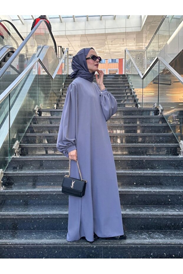 Tesettür Retro Balonkol Elbise Gri Model-537 - 4