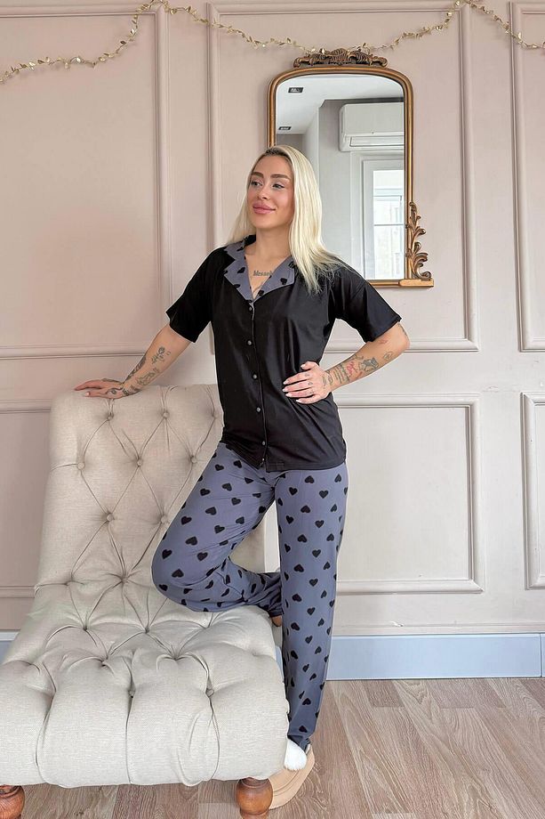 Siyah Soft Charm Desenli Bambu Önden Düğmeli Kısa Kol Pijama Takımı - 8