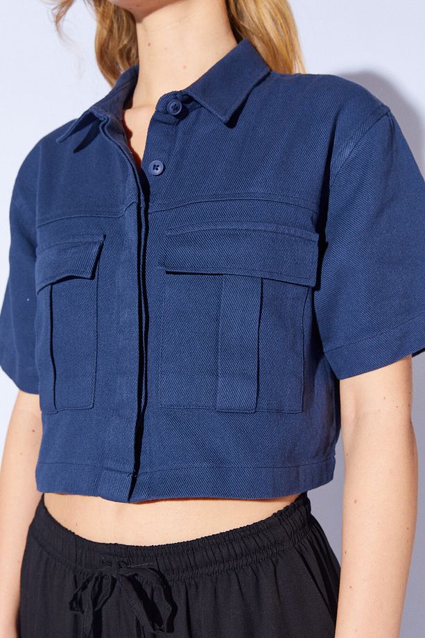 İndigo Crop Gabardin Ön Cep Detaylı Gömlek | MKW167568-01 - 4