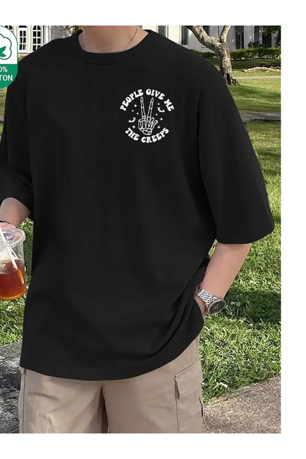 Men's Black Text Motto Printed Oversize Relaxed Fit Cotton T-Shirt