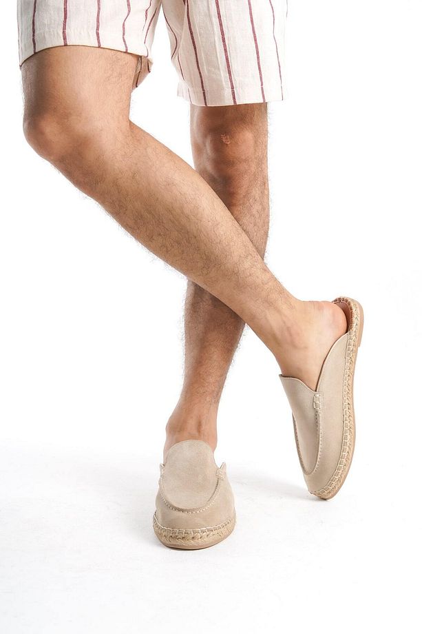 Summer Erkek Hakiki Deri Süet Önü Kapalı Jüt Taban Bej Espadril Terlik -mssr3416-bj - 3
