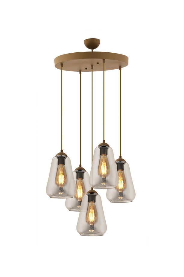 Rita 5'li Yuvarlak Eskitme Füme Camlı Modern Salon Sarkıt Avize - 3