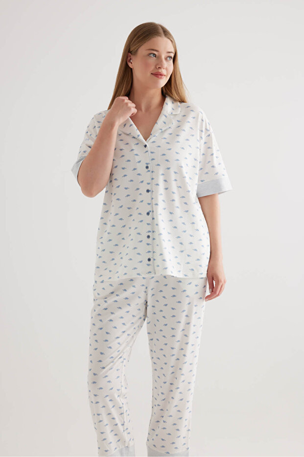 Kadın Plus Size Pamuklu Gömlek Yaka Pijama Üstü - 2
