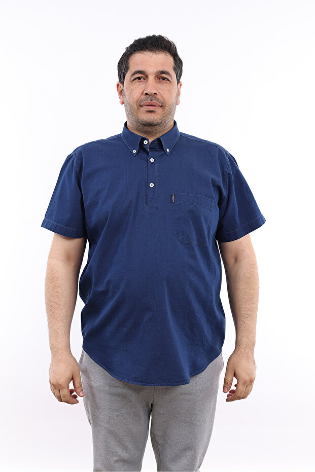 Men's Plus Size Half Placket Navy Jeans Cotton Button Collar Pocket Short Sleeve Shirt KK-8031-TSS