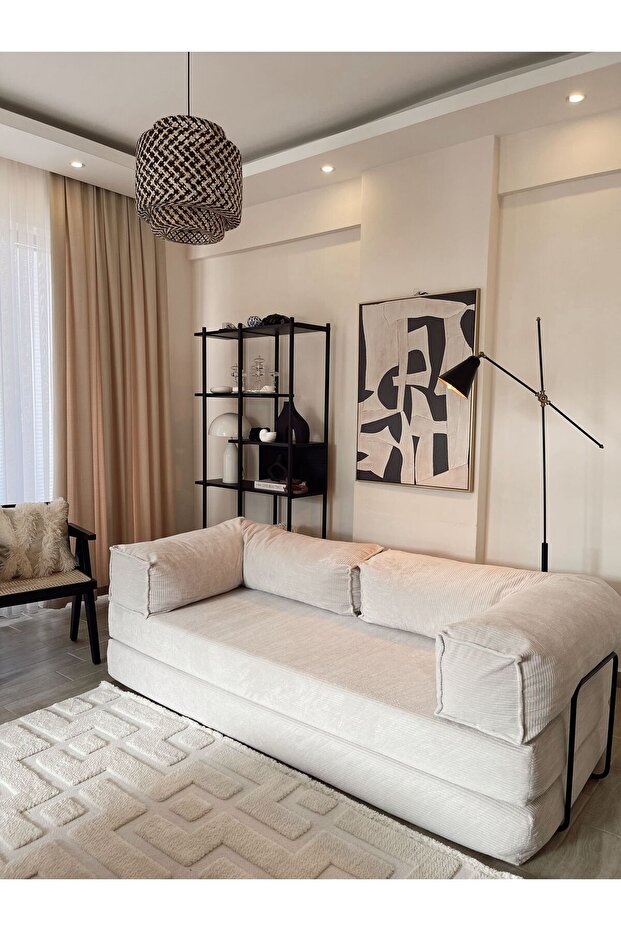 Huga Metal Relax 200cm Kanepe, Fitilli Kadife, Yıkanır, Silinir, Dinlenme Koltuğu, Yatak Olabilen, Krem