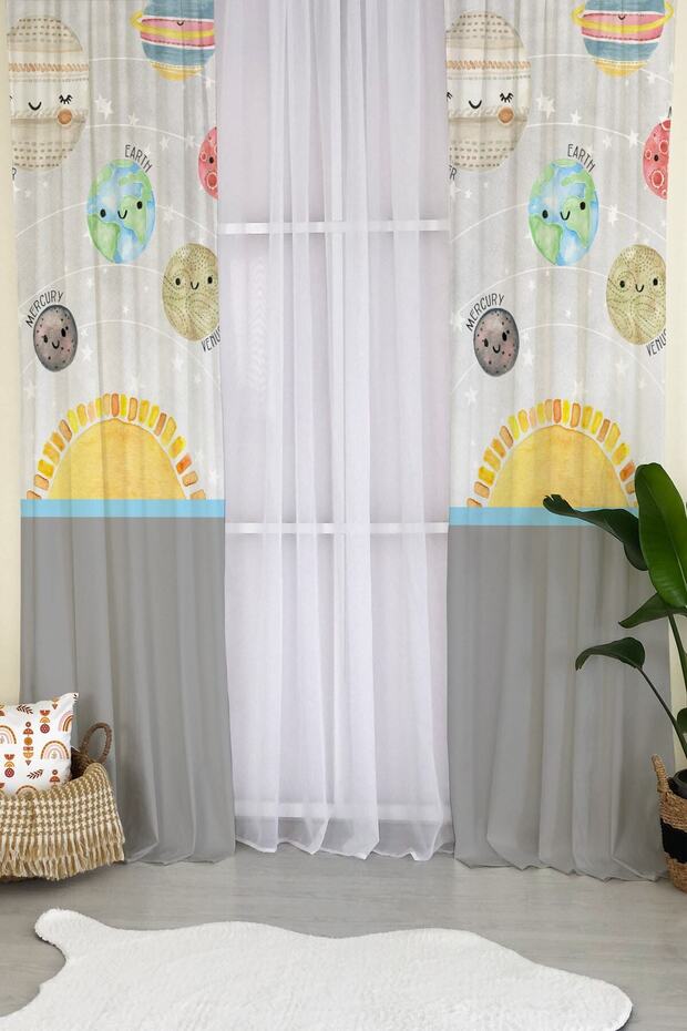 Planet Pattern Velvet Baby and Children's Room Background Curtain - White