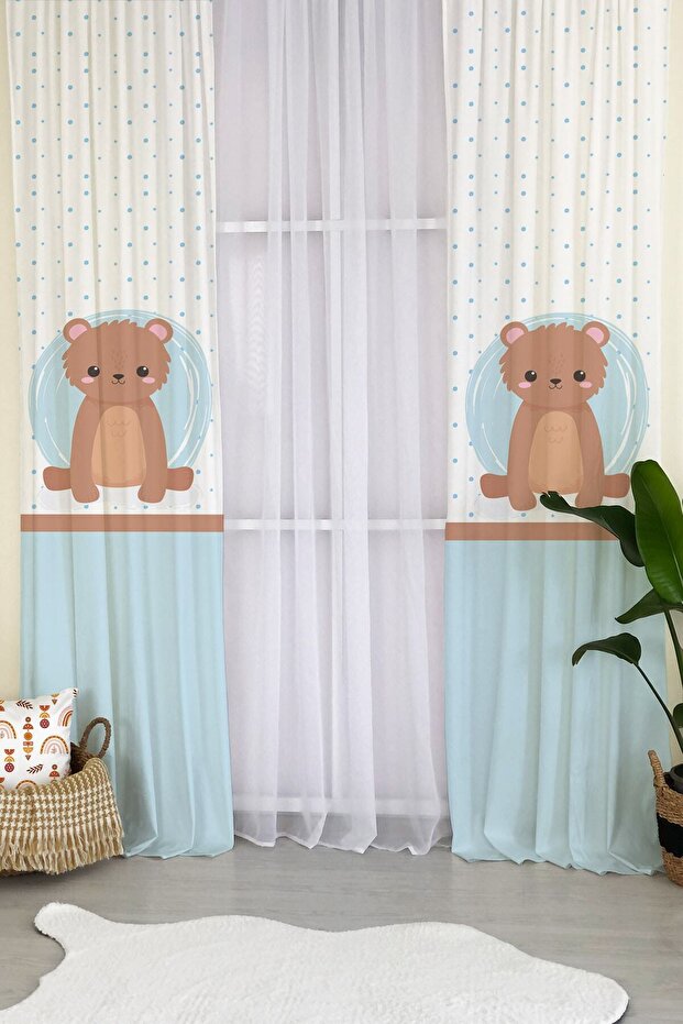 Cute Bear Pattern Velvet Baby and Kids Room Background Curtain - Blue