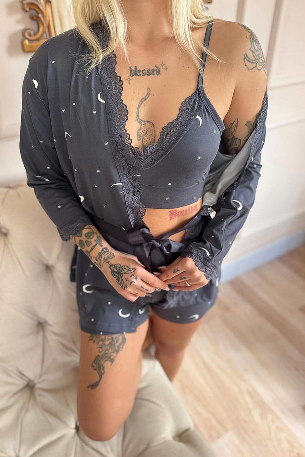 Antrasit Ay Yıldız Desenli Bambu Crop Sabahlıklı Şortlu Kadın Pijama Takımı - 6